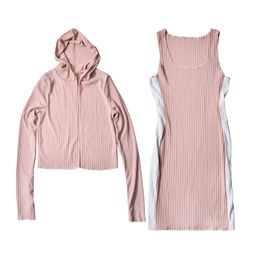 Abito da donna senza maniche in maglia blu rosa Mini abito aderente sexy con tubino con cappuccio Set di due pezzi T0414 210514