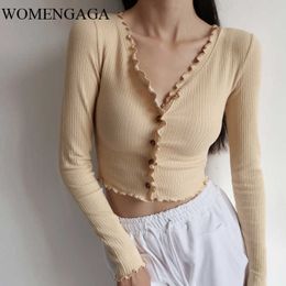 WOMENGAGA American Slim V-neck Slimming Thin Single-breasted High Waist Butterfly Sleeve Lace Tops Knitting Sweater Cardigan LD3 210603