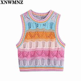 Women Color Matching Hollow Out Crochet Short Knitting Sweater Lady Sleeveless Casual Slim Vest Crop Pullovers Tops 210520