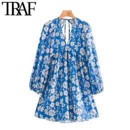 TRAF Women Chic Fashion Floral Print Pleated Mini Dress Vintage Backless Puff Sleeve Female Dresses Vestidos Mujer 210415