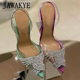 Sandals Sexy Crystal Women Party Pointy Toe Slingback Thin High Heel Shoes Clear PVC Rhinestone Banquet Sandal