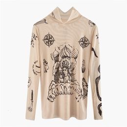 Autumn New Fashion Women Basal Top Goddess Tatoo Print Long Sleeve High Tight Collar Nude Color Mesh Yarn SEXY T-shirt B666 210331