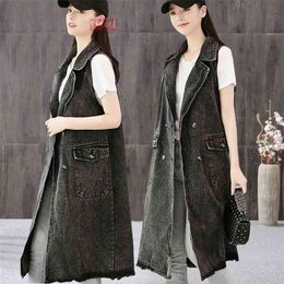 Large pockets suit collar long denim plus size Vest Women black fashionable sleeveless jacket Female 210915