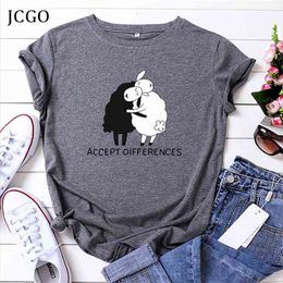JCGO Summer Women T Shirt 100% Cotton Plus Size 5XL Cute Sheep Print O-Neck Short Sleeve Woman tshirts Fashion Casual Tees Tops 210401