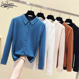 Autumn Sweater Collar Knitted Cardigan for Women Long Sleeve Loose Polo Bottoming Shirt Wool Knit Coat 11181 210922