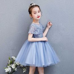 Lace Blue White Lovely Ruffled Tulle Tutu Kids Dress Puffy Ball Gown Cute Baby Flower Girl Dresses Photo Shoot Kids Tutu Dress Q0716