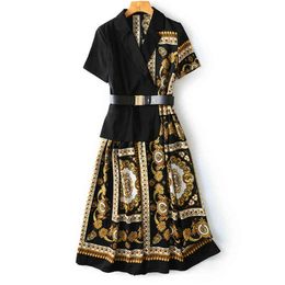 Black Print Patchwork Short Sleeve Empire Sash Knee Length Dress Summer D1947 210514