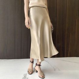 Faldas 2021 Satina de seda para las mujeres Falda de cintura alta A-Line Elegante Verano Rosa Midi Coreano Estilo de moda