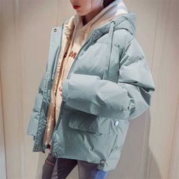 Women Candy Colours Winter Hooded Puffer Jacket Female Loose Long Sleeve Coat Harajuku Warm Oversize Parkas Pink White Blue 211018