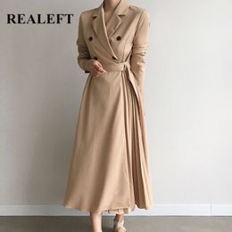 Double-breasted Vintage Dress Korean Style Long Sleeve High Waist Pleated Notched Collar Midi Female SSW060 210428