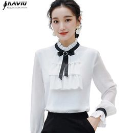 White Chiffon Shirt Women Autumn Stand Collar Long Sleeve Bow Blouses Office Ladies Ruffles Work Tops 210604