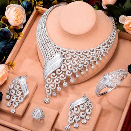 Earrings & Necklace Missvikki Super BIG Luxury 4PCS Leaf Flowers Africa Cubic Zirconia Set Jewellery For Women Bridal Wedding Sets Dubai