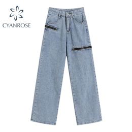 Woman Loose Destroyed Hole Jeans Blue Trousers High Waist loose wild Wide leg Fashion Causal Straight Female jeans autumn 210515
