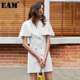 [EAM] Women White Double Breasted Split Joint Dress Notched Short Sleeve Loose Fit Fashion Spring Summer 1U702 210512