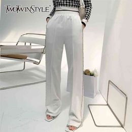 White Casual Diamonds Pant For Women High Waist Solid Elastic Minimalist Pants Females Fashion Summer Clothing 210521