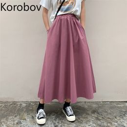 Korobov High Waist Hip A Line Skirt Women Summer New Retro Loose Solid Jupe Femme Wild Pocket Design Faldas Mujer 210430