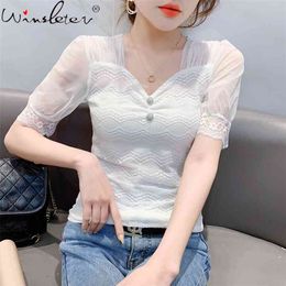 Summer European Style Mesh T-Shirt Fashion Sexy V-Neck Patchwork Lace Women Tops Short Sleeve Tee All Match T14608A 210421