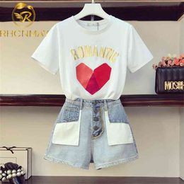 Summer 2 Piece Set Women 3D Love Letters Printing T-shirts + Fake Pocket Short Jeans 2pcs Clothes Sets Casual Suits Outfits 210506