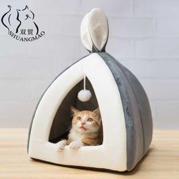 SHUANGMAO Pet Cat Bed Indoor Kitten House Warm Small for Dogs Nest Collapsible Cats Cave Cute Sleeping Mats Winter Products 210713
