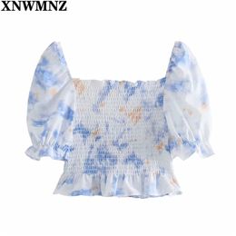 Summer Chiffon Crop Blouse Women Fashion Pleated Square Collar Short Sweet Korean Style Tie dye Shirt Tops Women's 210520