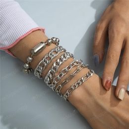 Multi Layer Thick Metal Chain Bracelets Geometric Hollow Beaded Aluminum Hand Jewelry Women Punk Hip Hop Party Link Ornaments Accessories White K European