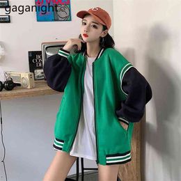 Fashion Women Bomber Jumper Baseball Uniform Sport Coat Spring Autumn Stand Collar Patchwork Oversized Jacket Coats 210601