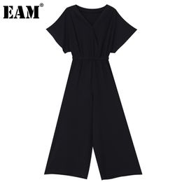 [EAM] Loose Fit Women Big Size Long Jumpsuit High Waist Pocket Wide Leg Pants Fashion Summer 1DD6509 21512