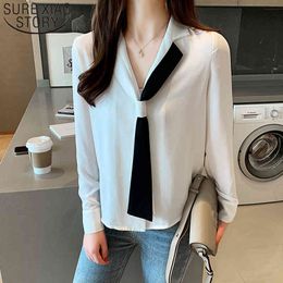 Fashion Womens And Blouses Ladies Long Sleeve Solid White Shirt For Women Tops Chiffon Blouse Bow V-Neck 6230 50 210415