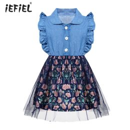 Cute Baby Girls Dress Summer Party Dresses Kids Princess Dress Flying Sleeve Denim Floral Mesh Tutu Dress Children Clothing Q0716