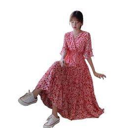 dress red Printed chiffon gentle wind waist thin temperament elegant female summer fashion women's clothing 210520