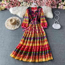 Spring Fashion Ethnic Women's Print Maxi Vestidos V-neck Lantern Sleeve Bohemian Holiday Beach Dress GK434 210506