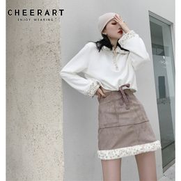 Winter Suede Skirt Women Fur Edge High Waist Pencil Mini Korean Style Bodycon Miniskirt 210427