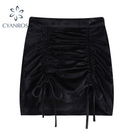 Draped Drawstring Bodycon Flannel Crop Skirts Vintage Wrap Sexy Slim Skinny Skirt Black Party Clubwear E-Girl OL Elegant Clothes 210417