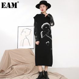 [EAM] Women Jacquard Black Hollow Out Long Dress Round Neck Sleeveless Loose Fit Fashion Spring Autumn 1DD394401 210512