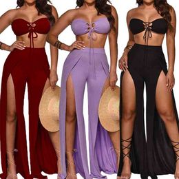 OMSJ Casual Sexy Women Streetwear 2 Pieces Set 3 Colors Strapless Tops High-waisted wide-leg Pants Fashion Patchwork Suits 210517