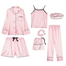 Pink Women's 7 Pieces Pajamas Sets Faux Silk Striped Pyjama Women Sleepwear Sets Spring Summer Autumn Homewear 210928