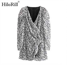 Women Leopard Chiffon Dress V Neck Puff Long Sleeve Streetwear Mini es Lady Ruffles Female A Line Sundress 210508