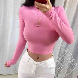 South Korea short T-shirt Spring Solid sexy Slim Fit skinny Tee Women Casual Long Sleeve Tshirt Tops female girls t shirt 210423