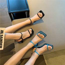 Fashion Women Sandals Blue Ladies Dress Pumps Open Toe Ankle Strap Elegant Solid Color Sandals Slides Party Pumps Size 35-39 210513
