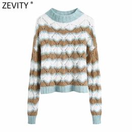 Zevity Women Fashion O Neck Colour Matching Hollow Out Crochet Short Knitting Sweater Female Chic Casual Pullovers Tops S571 210603