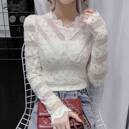 Spring Casual Puff Sleeve Top Mujer Crochet Lace Vintage White Blouse Shirts Hollow Out Sexy V-neck Female Tops 12626 210521