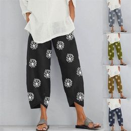 Spring Women Dandelion Printing Harajuku Cotton Linen Pants Calf-Length Plus Size 3XL 4XL 5XL Bohemian Loose Casual 210517