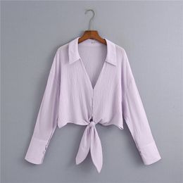 HSA Women Summer Purple Blouses Elegant Long-sleeve Bow Shirt V-Neck Tops Solid Color Button Chic Office Ladies Blous 210417