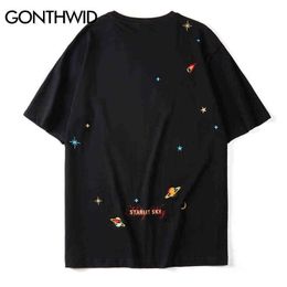 GONTHWID Embroidery Planets Stars Tees Shirts Streetwear Harajuku Casual Short Sleeve Tshirts Mens Hip Hop Fashion Summer Tops G1229