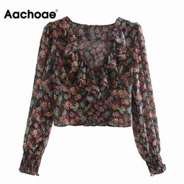 Aachoae Women Deep V Neck Ruffles Cropped Blouse Floral Print Vintage Chiffon Blouses Long Sleeve Chic Ladies Shirt Tops Blusas 210413