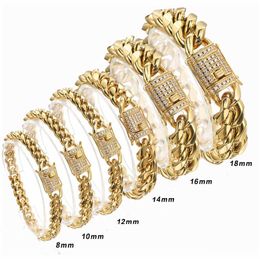 Arrival 8/10/12/14/16/18mm Stainless Steel Miami Curb Cuban Chain Crystal Bracelet Casting Lock Clasp Mens Link Jewellery 211124