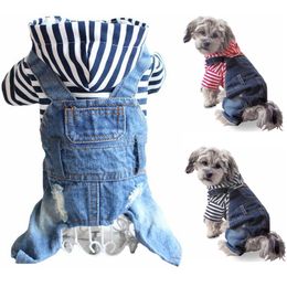 Pet Cat Hoodies Clothes Dog Apparel Striped Pyjamas Denim Outfits Blue Jeans Jumpsuits One-Piece Jacket Costumes Hooded Coats for Small Puppy Medium Dogs XS A157