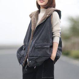 Autumn Winter Vests Women Casual Solid Colour Loose Hooded Wool Zipper Thick Female Reversible Coats1