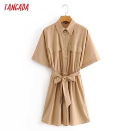 Tangada Summer Women Khaki Oversized Shirt Dress Short Sleeve Strethy Waist Ladies Mini Dress Vestidos 3A114 210609