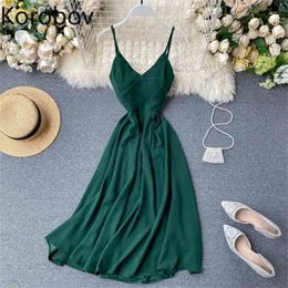 Korobov V Neck Open Back Sexy Dress High Waist Holiday A Line Long Spaghetti Strap Vestidos Summer Beah Style Camis Dresses 210430